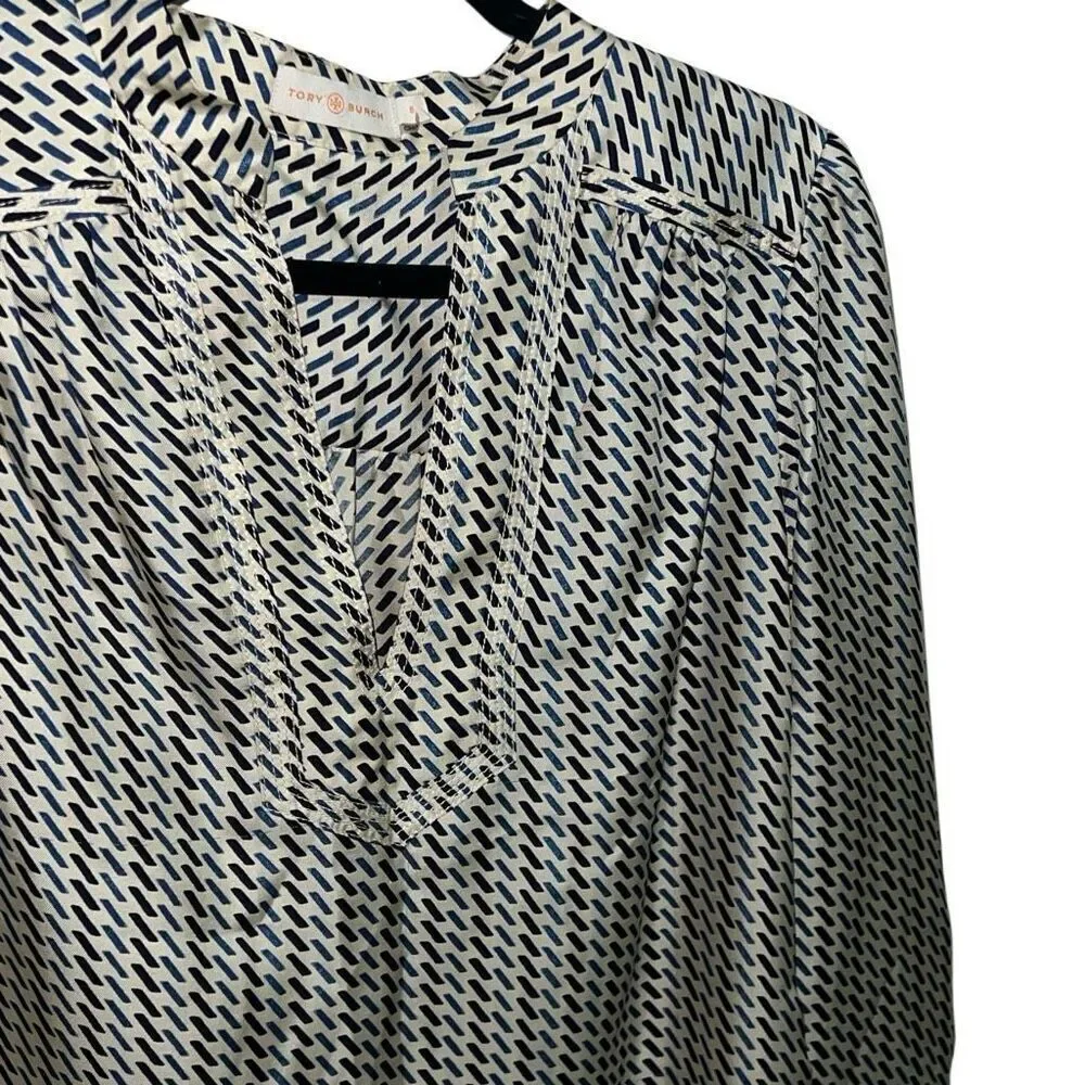 Tory Burch 100% Silk Womens Split Neck Tunic Top Blouse Long Sleeve Size 6